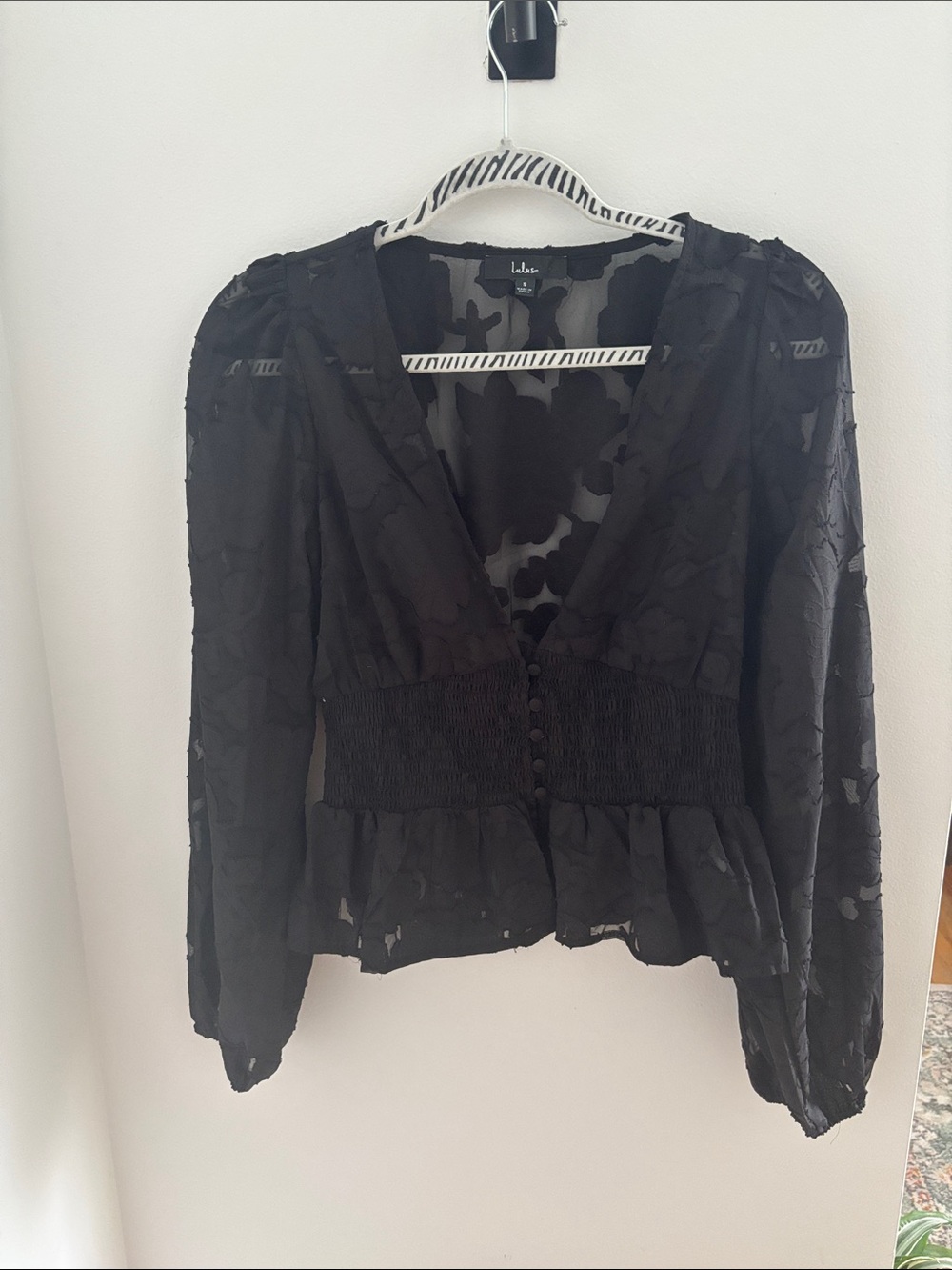 Lulu's Black Sheer Floral-Textured V-Neck Blouse with Smocked Waist